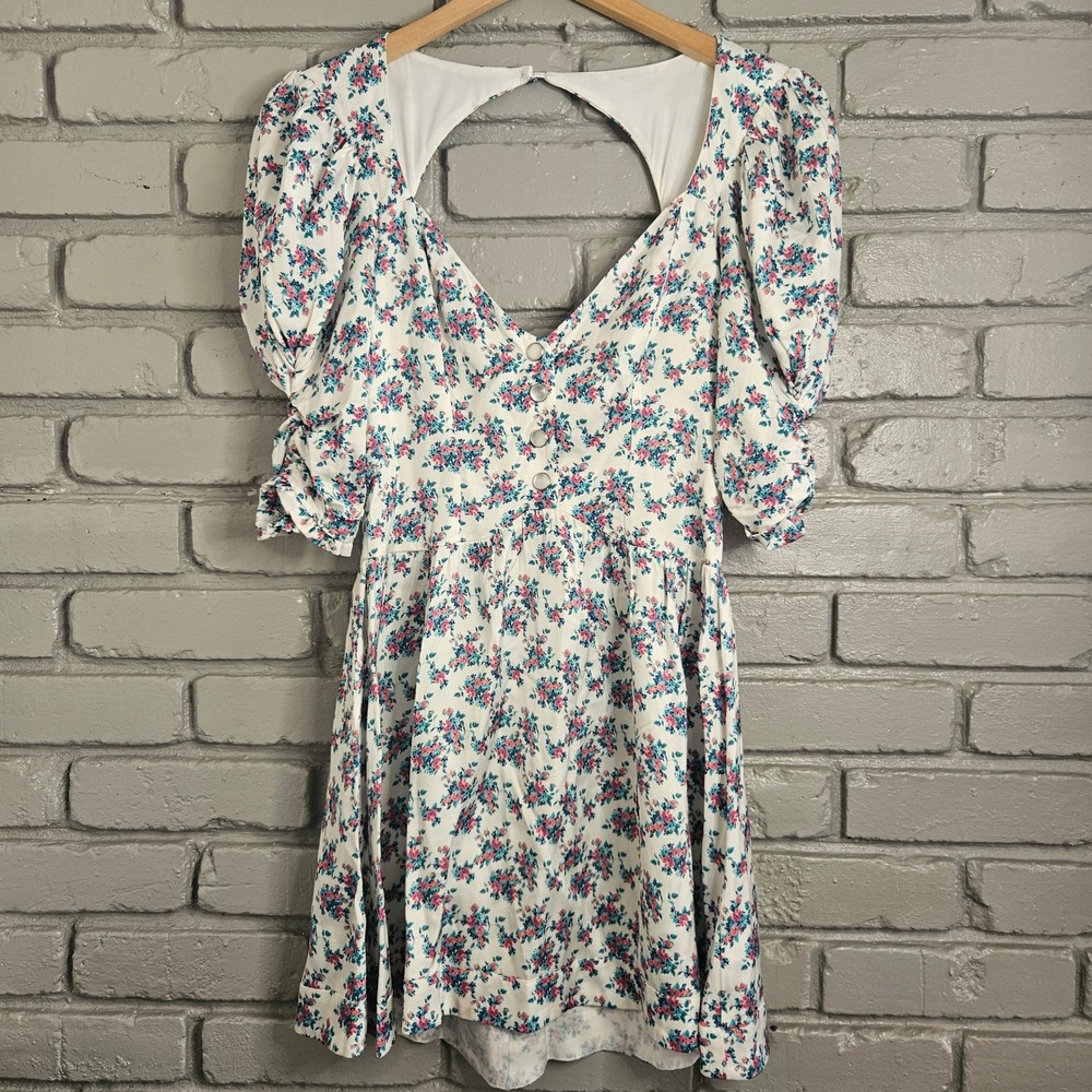 For Love & Lemons Floral Puff Sleeve Cutout Back Mini Dress White Pink Blue XS